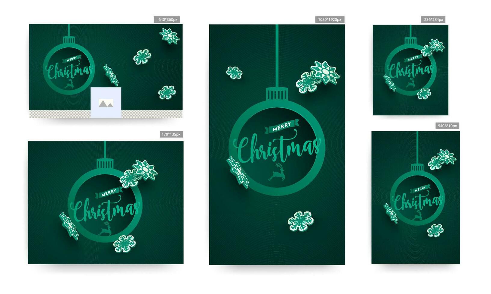 conjunto de póster y modelo diseño con alegre Navidad texto en colgando adornos forma marco y 3d papel copos de nieve decorado en verde antecedentes. vector