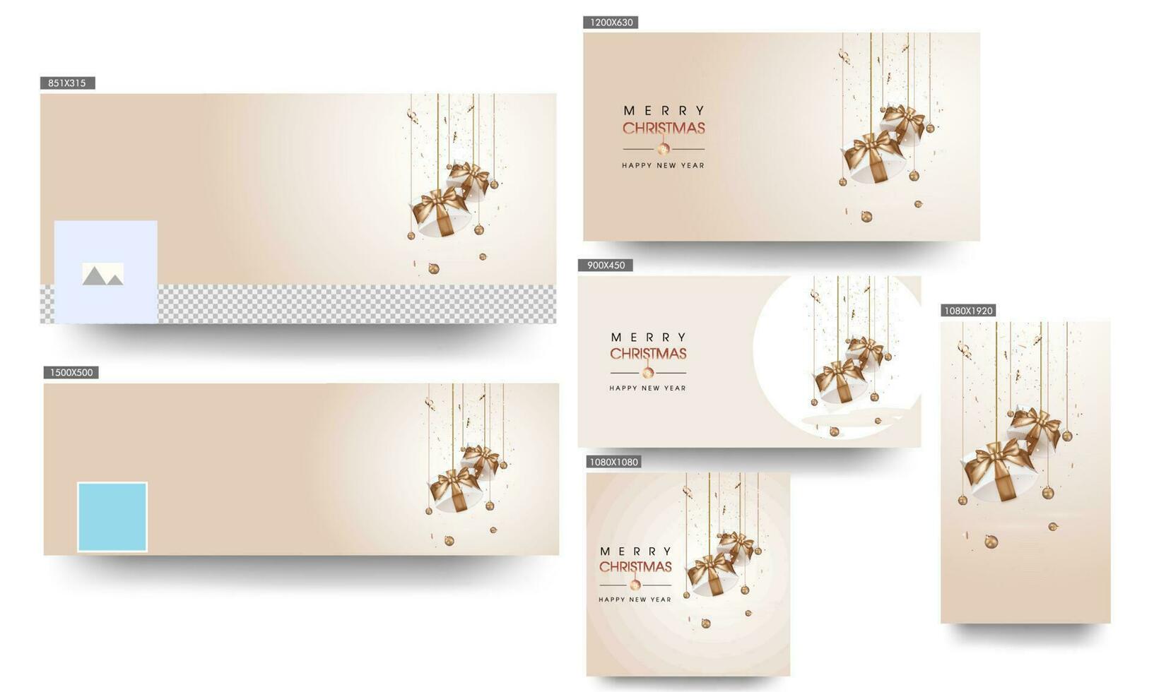 Merry Christmas and Happy New Year Header or Banner, Poster and Template Design Decorated with hanging Bronze Baubles and Gift Boxes. vector