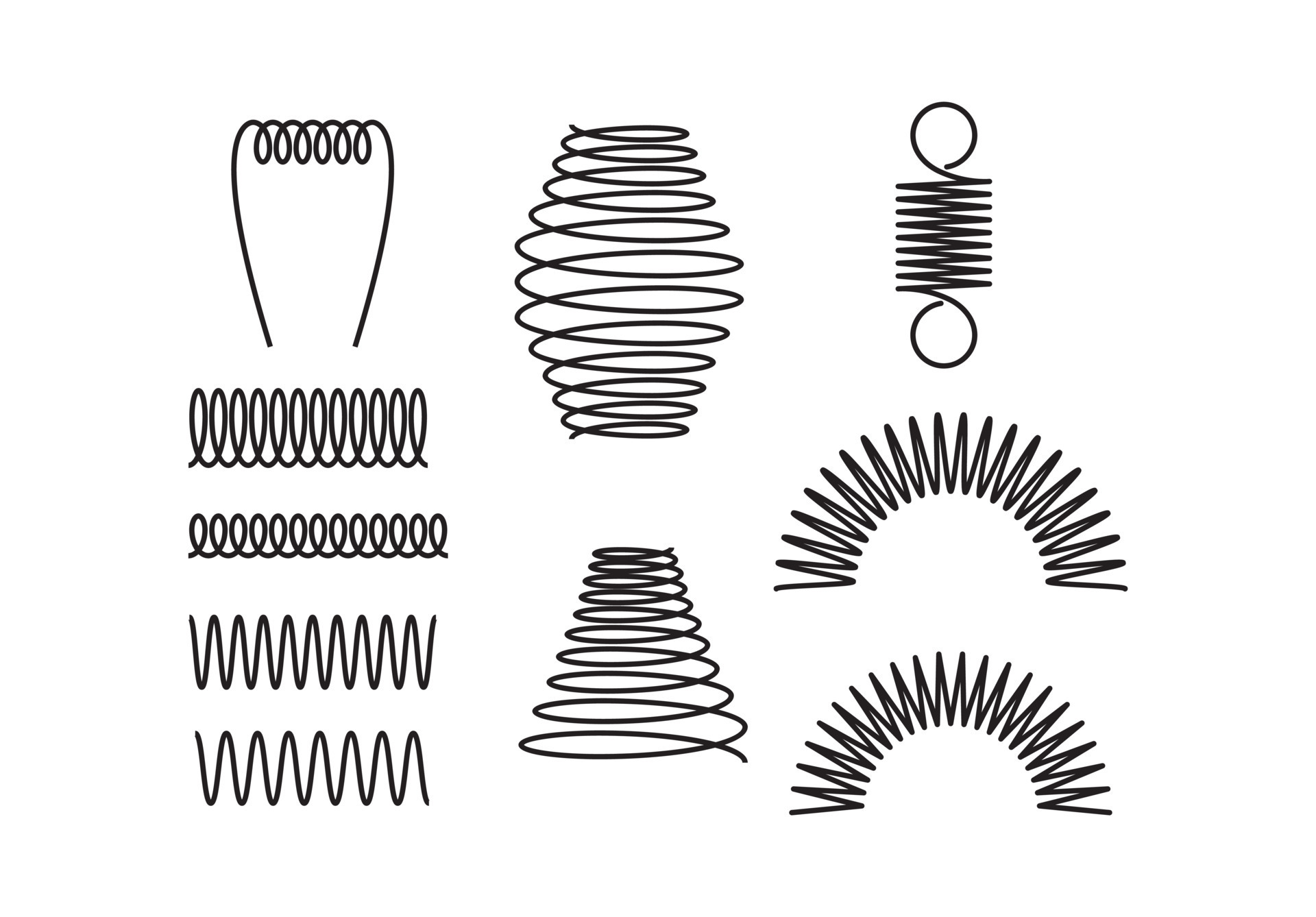 Spiral springs different shapes line icons vector illustration on
