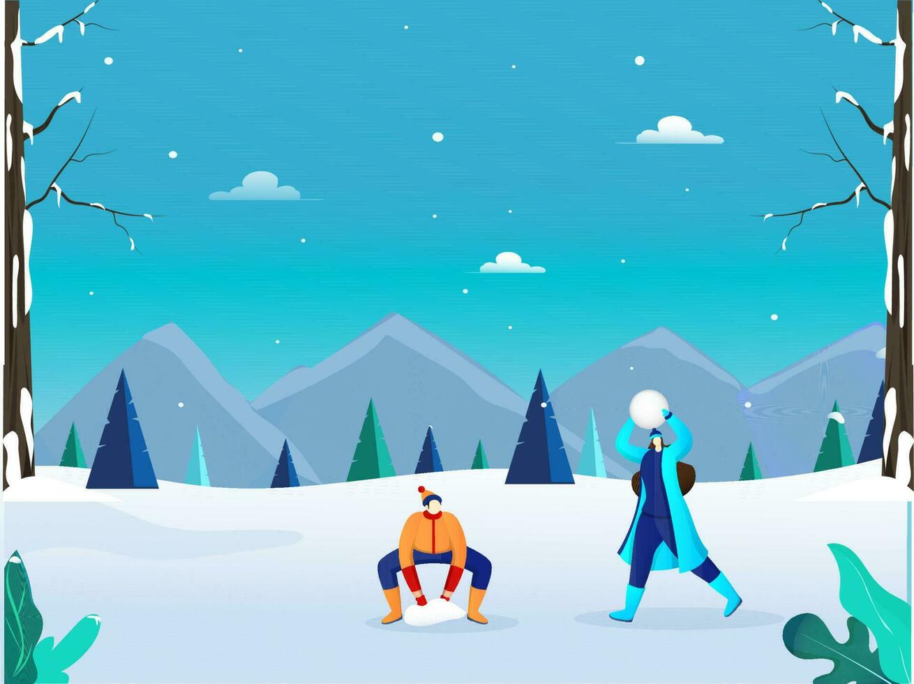 Faceless man and woman character enjoying winter season on snowy nature landscape background. vector