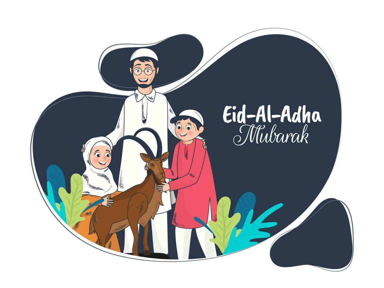 dibujos animados personaje de islámico familia con cabra en resumen azul antecedentes para Eid al-Adha Mubarak póster o volantes diseño. lata ser usado para tarjeta diseño. vector