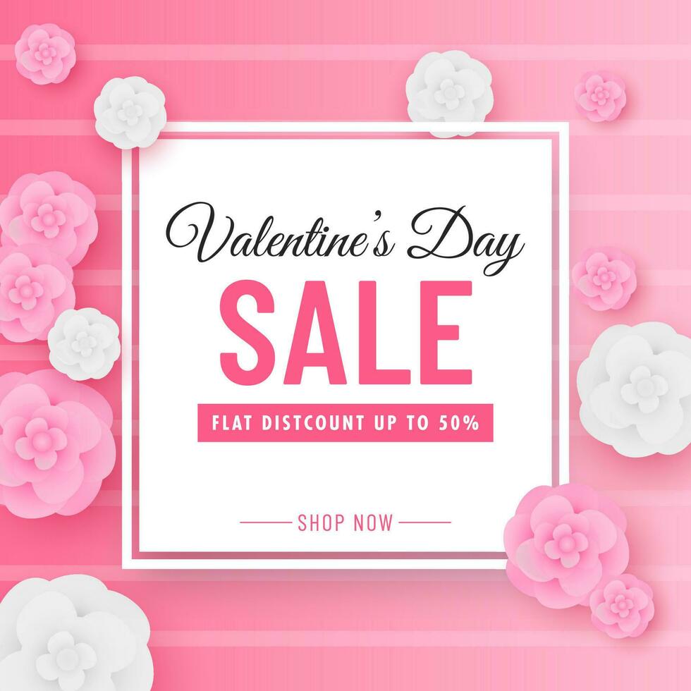 Valentine's Day Sale Poster Design with Discount Offer and Paper Cut Flowers Decorated on Pink Strip Background. vector