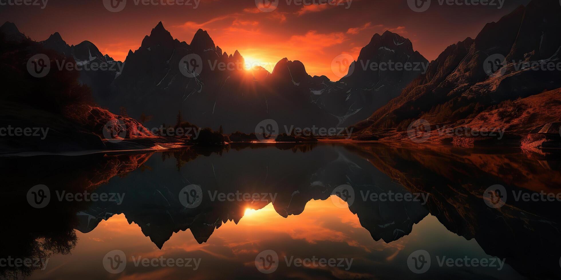 . . Beautiful illustratration photo or mountain lake sunset. Adventure calm vibe. Graphic Art