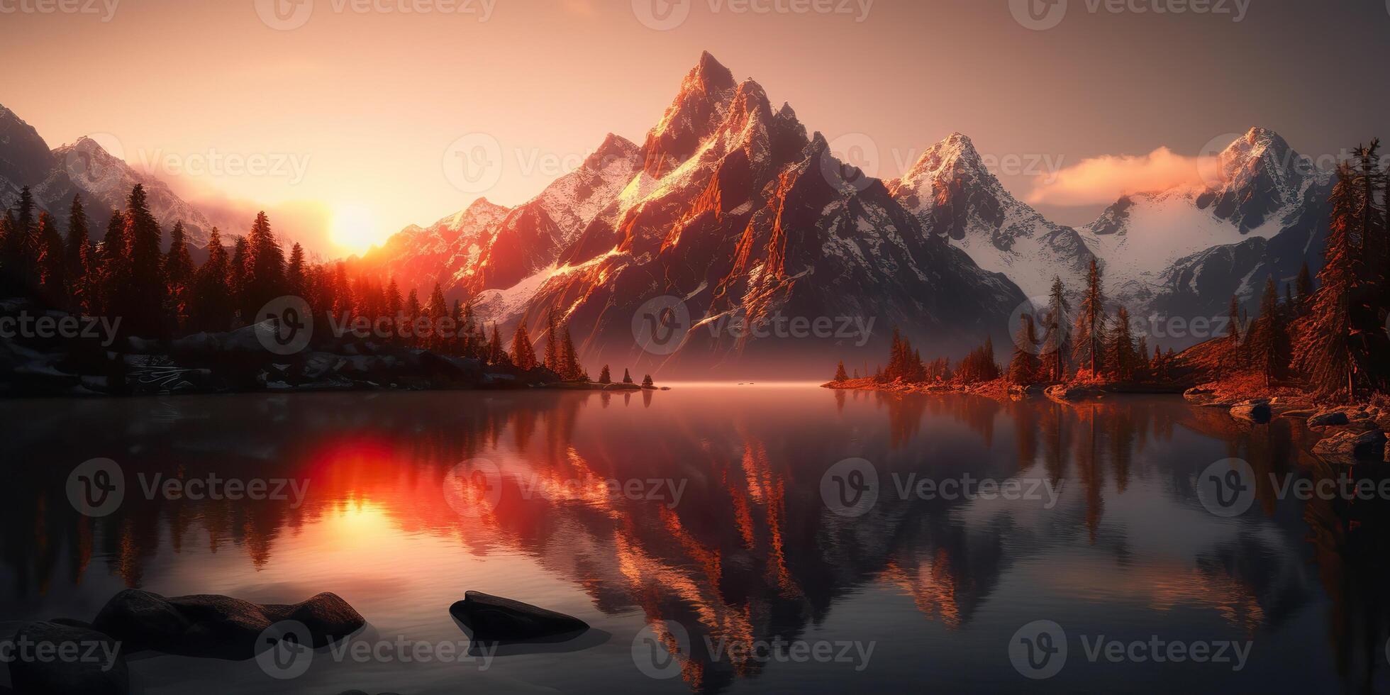 . . Beautiful illustratration photo or mountain lake sunset. Adventure calm vibe. Graphic Art