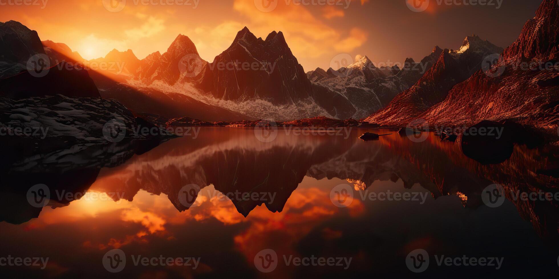 . . Beautiful illustratration photo or mountain lake sunset. Adventure calm vibe. Graphic Art