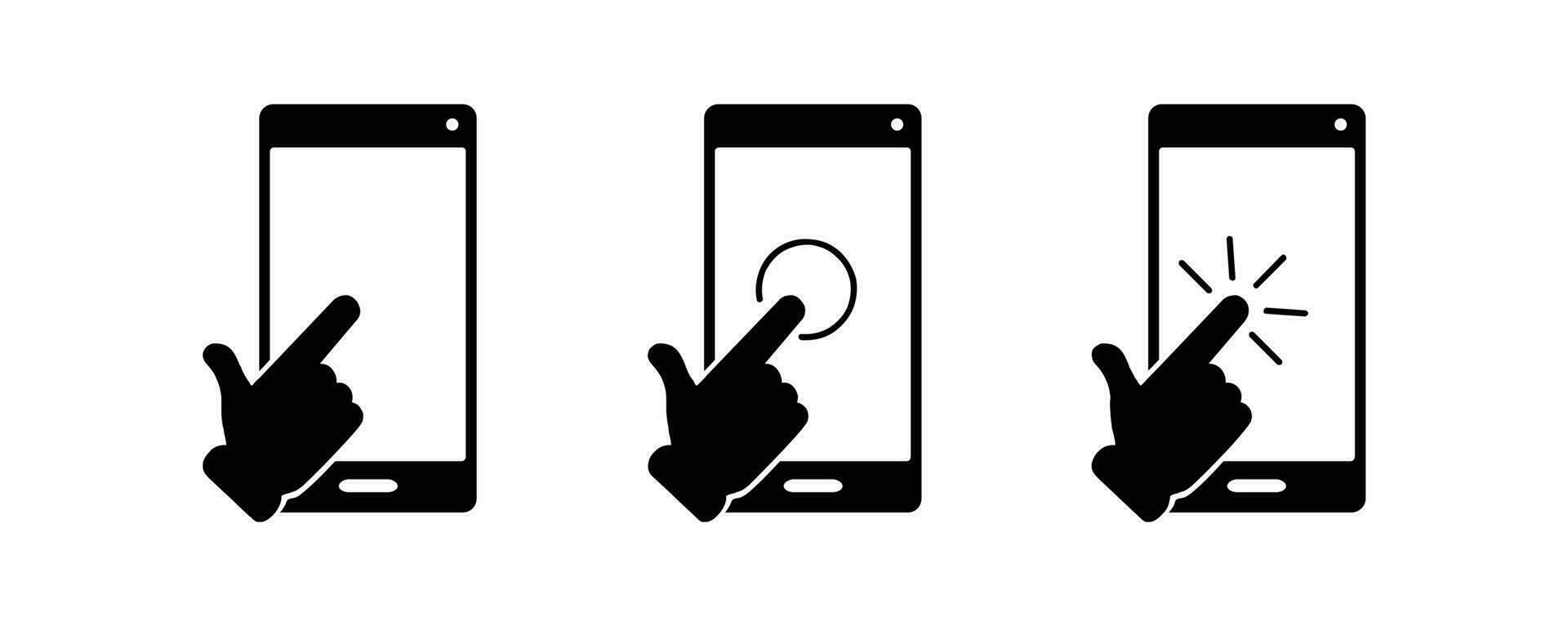 touch screen smartphone icon set, hand touch screen Mobile phone, click, Vector illustration.Set of hand touch screen smartphone icons, click. Hand click, press touch screen.