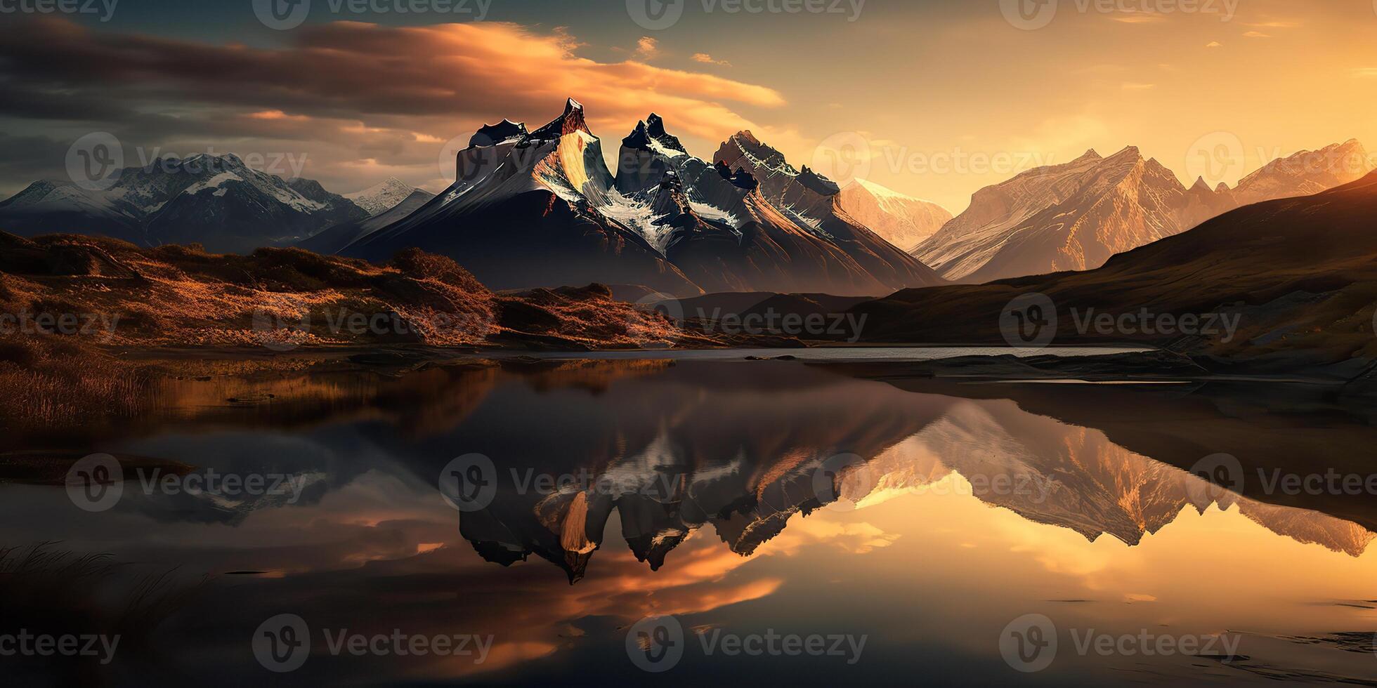 . . Beautiful illustratration photo or mountain lake sunset. Adventure calm vibe. Graphic Art