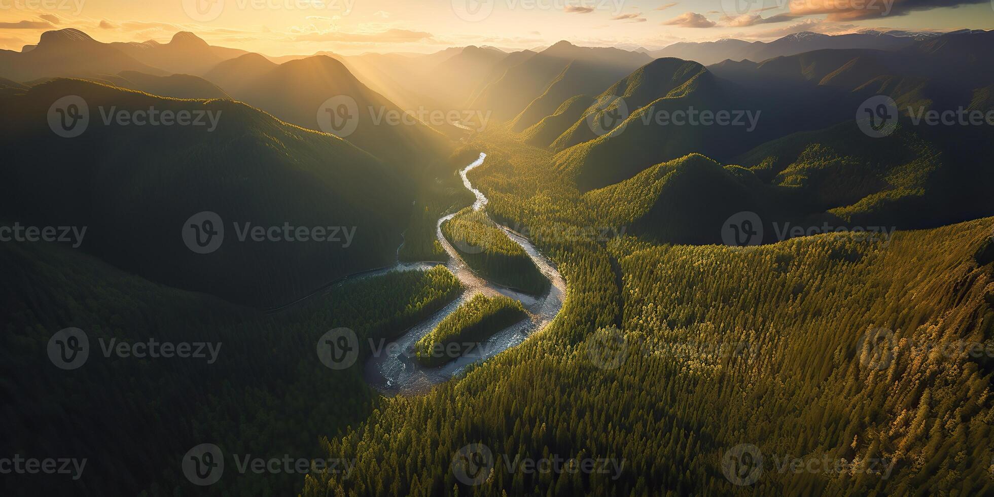 . . Aerial drone top high shot photo illustration of green forest and river. Sunset adventure vibe. Graphic Art