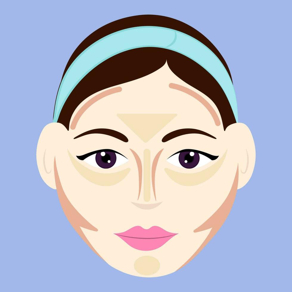 Contour Or Highlight On Round Face Shape Female On Blue Background. vector