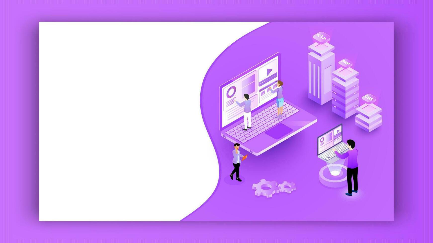 3D isometric illustration of miniature people working on laptop with different programming server on purple background. vector