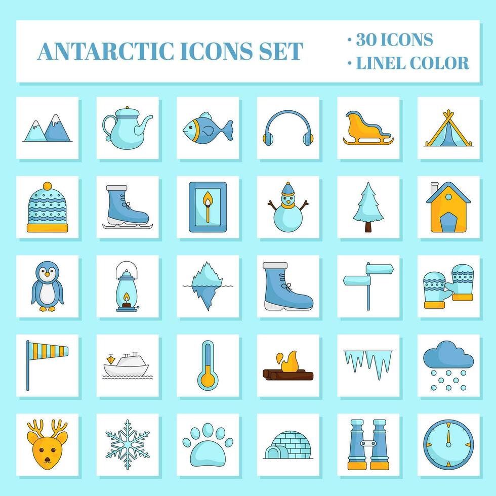 Flat Style Arctic Or Antarctic 30 Icon Set In Blue Background. vector