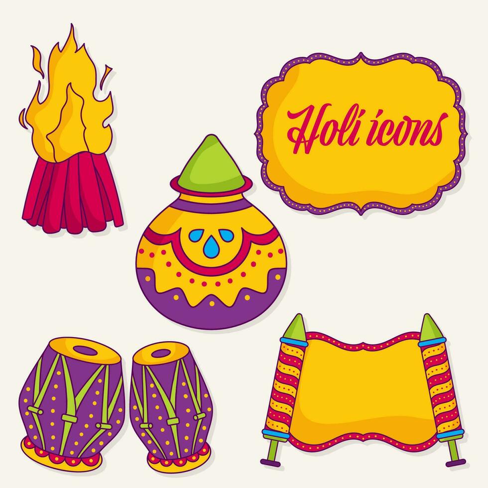 Vintage Style Holi Festival Icons Or Symbol. vector
