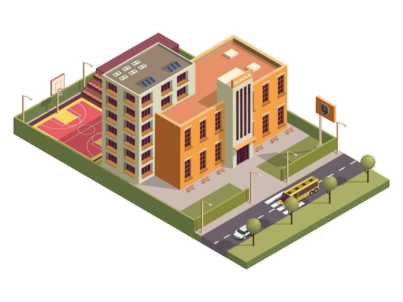 Isometric school building with basketball ground along vehicle street background. vector