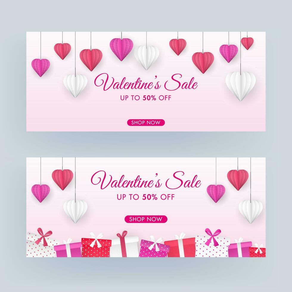 San Valentín día rebaja encabezamiento o bandera diseño conjunto con descuento oferta, origami papel cortar corazones colgar y regalo cajas decorado en rosado antecedentes. vector