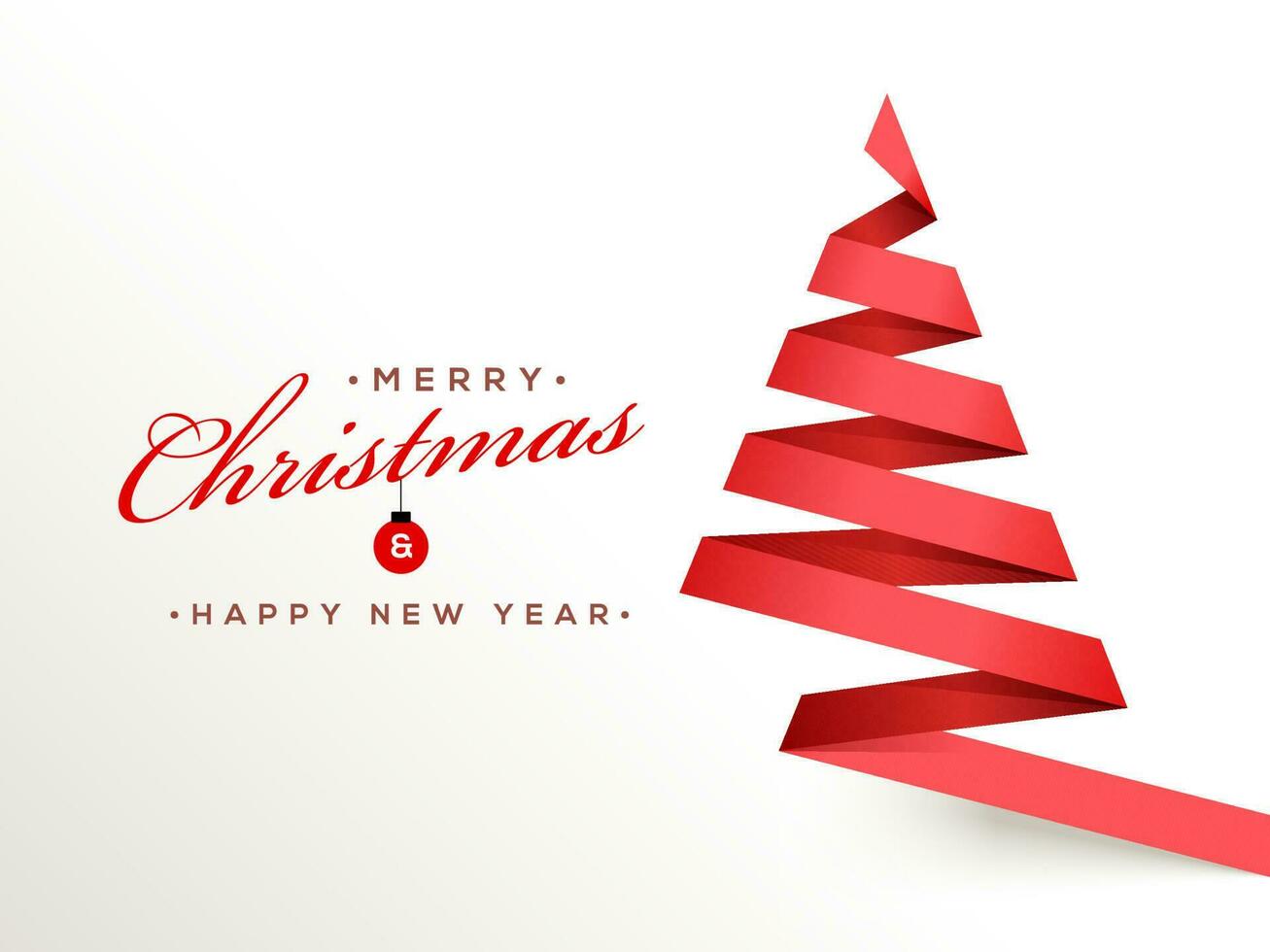 Merry Christmas and Happy New Year celebration greeting card design with xmas tree made by red ribbon on white background. vector