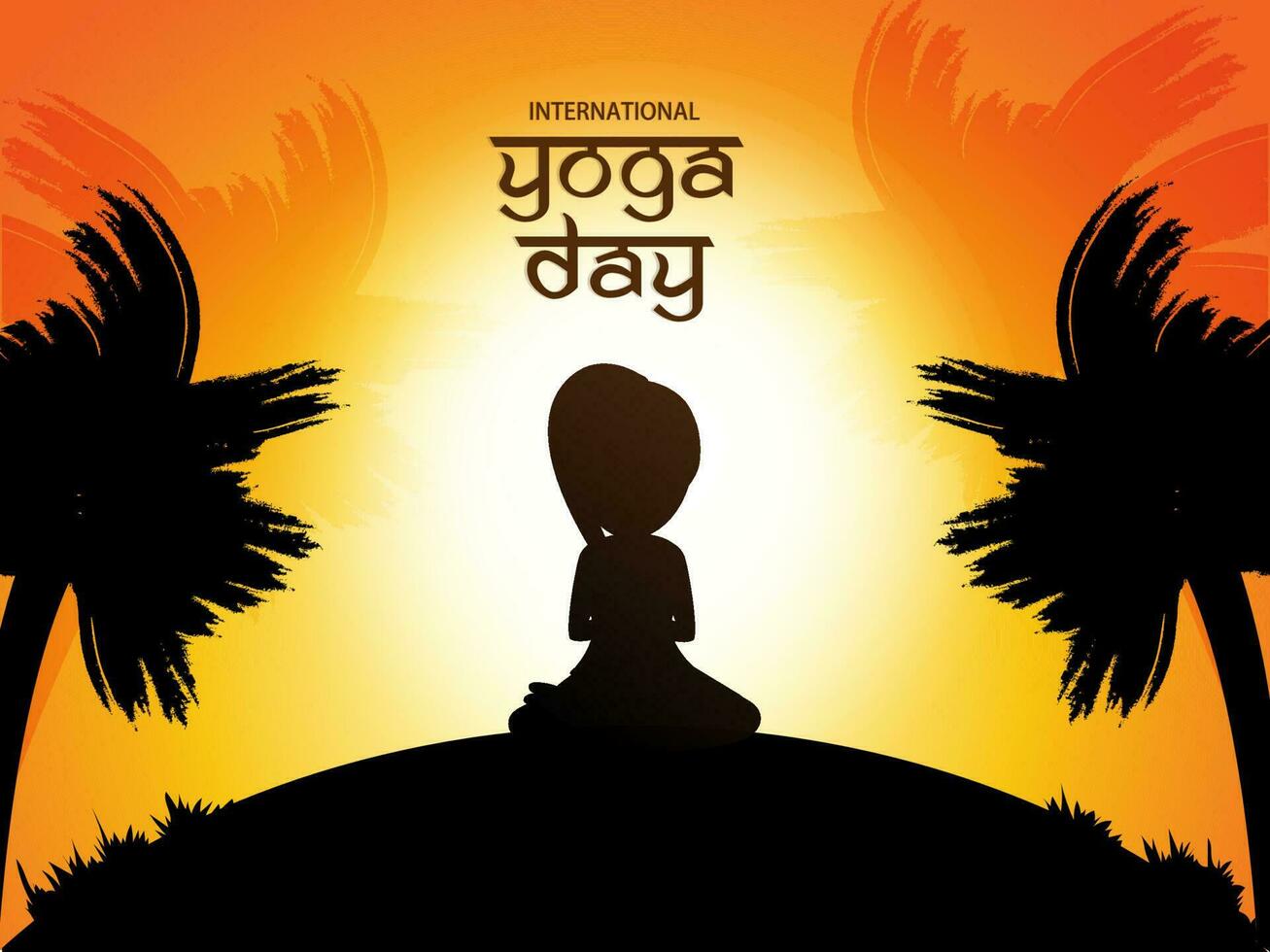 Poster or banner design for International Yoga Day. Creative text of Yoga Day with Silhouette of a woman in Yoga Posture. vector