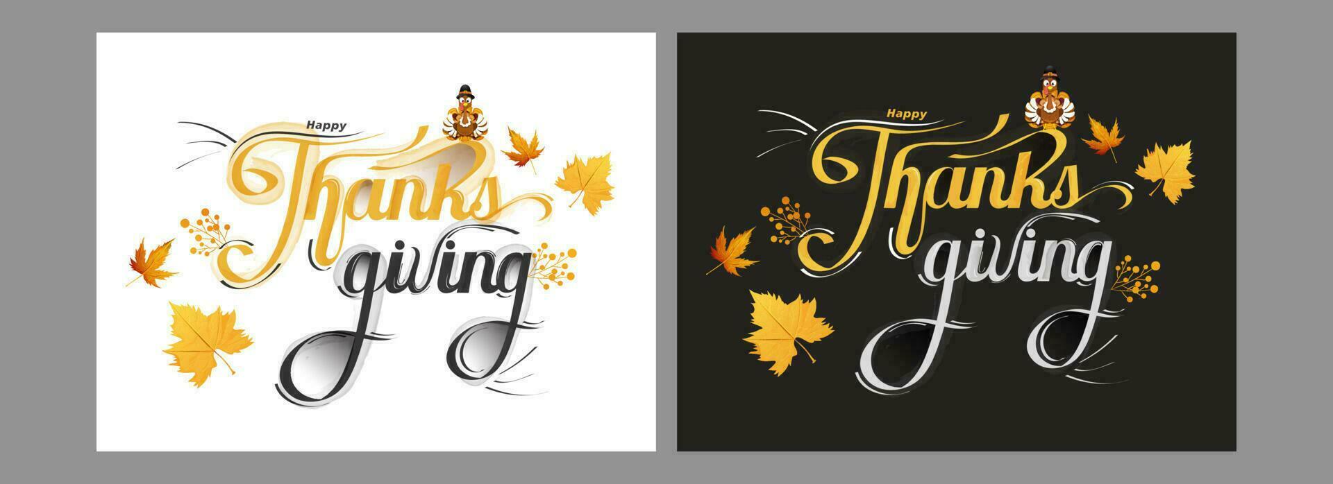 Calligraphy of Happy Thanksgiving with turkey bird and maple leaves on background in two color option. vector