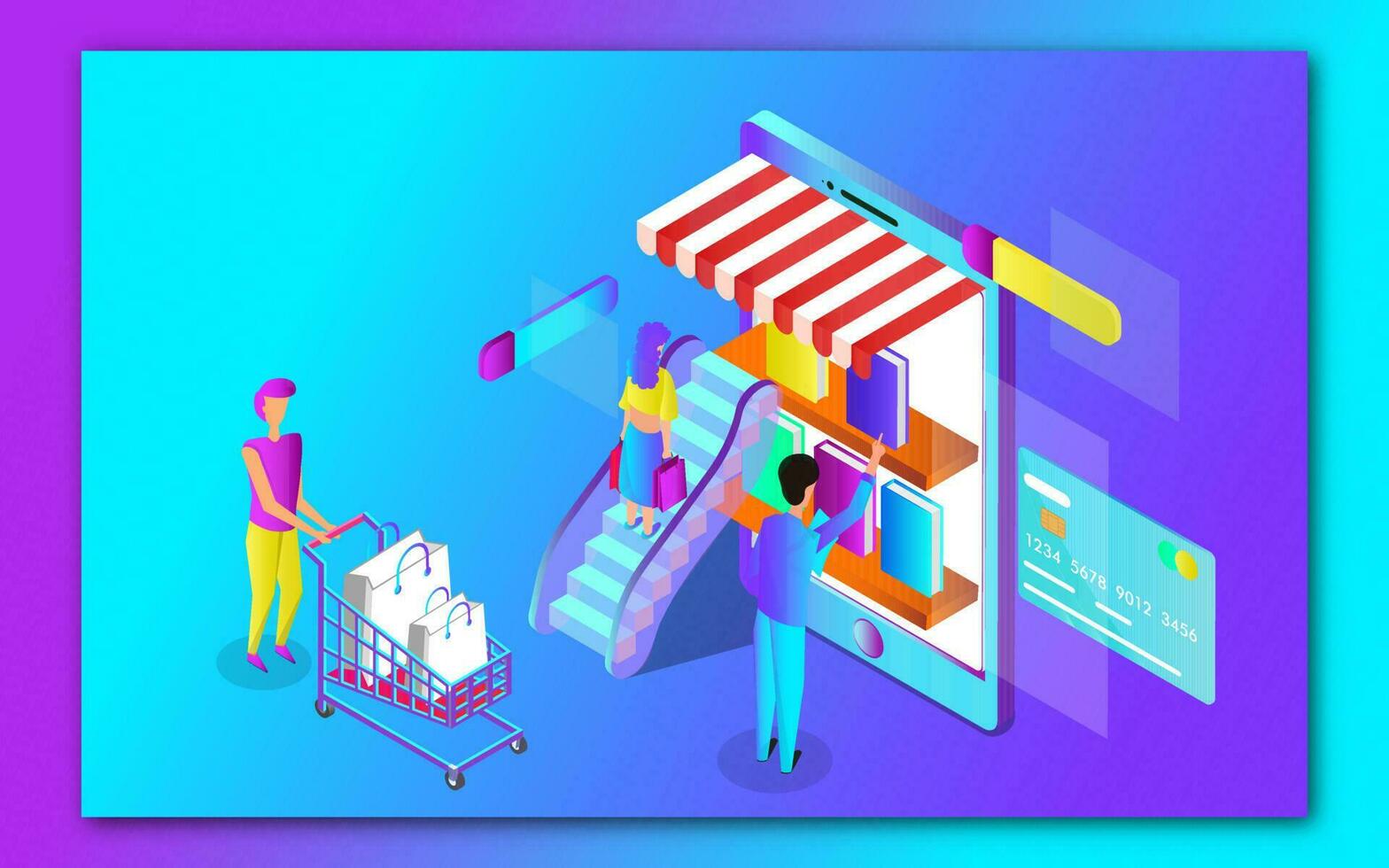 3D view of Online users shopping by mobile bookstore with payment card and trolley on glossy background. Responsive web banner or poster design. vector