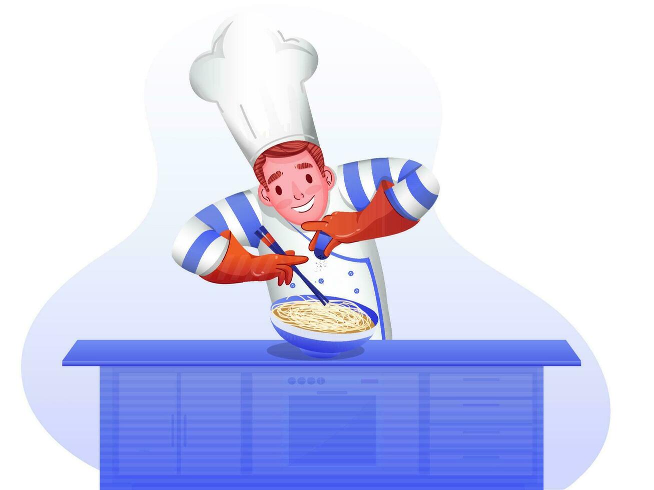 Chef character sprinkling in noodles on kitchen table. vector