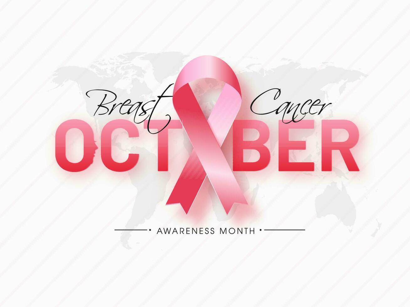 October text with pink ribbon on white world map striped background for Breast Cancer Awareness Month concept. vector