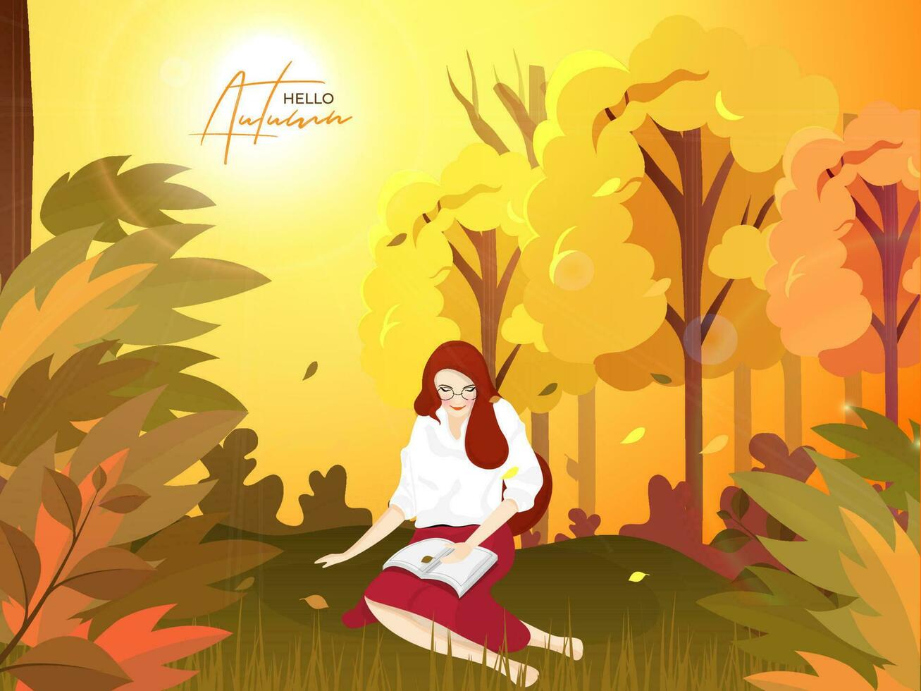 Young woman reading book on beautiful nature background for Hello Autumn poster or banner design. vector