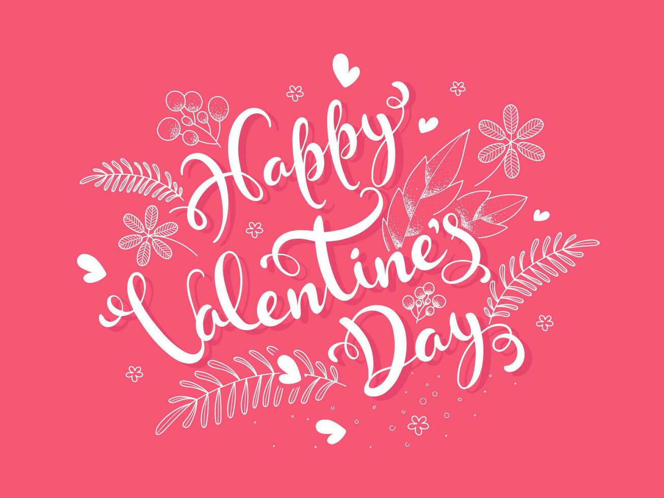 White Calligraphy Happy Valentine's Day Text Decorated with Flowers, Leaves and Hearts on Pink Background. vector