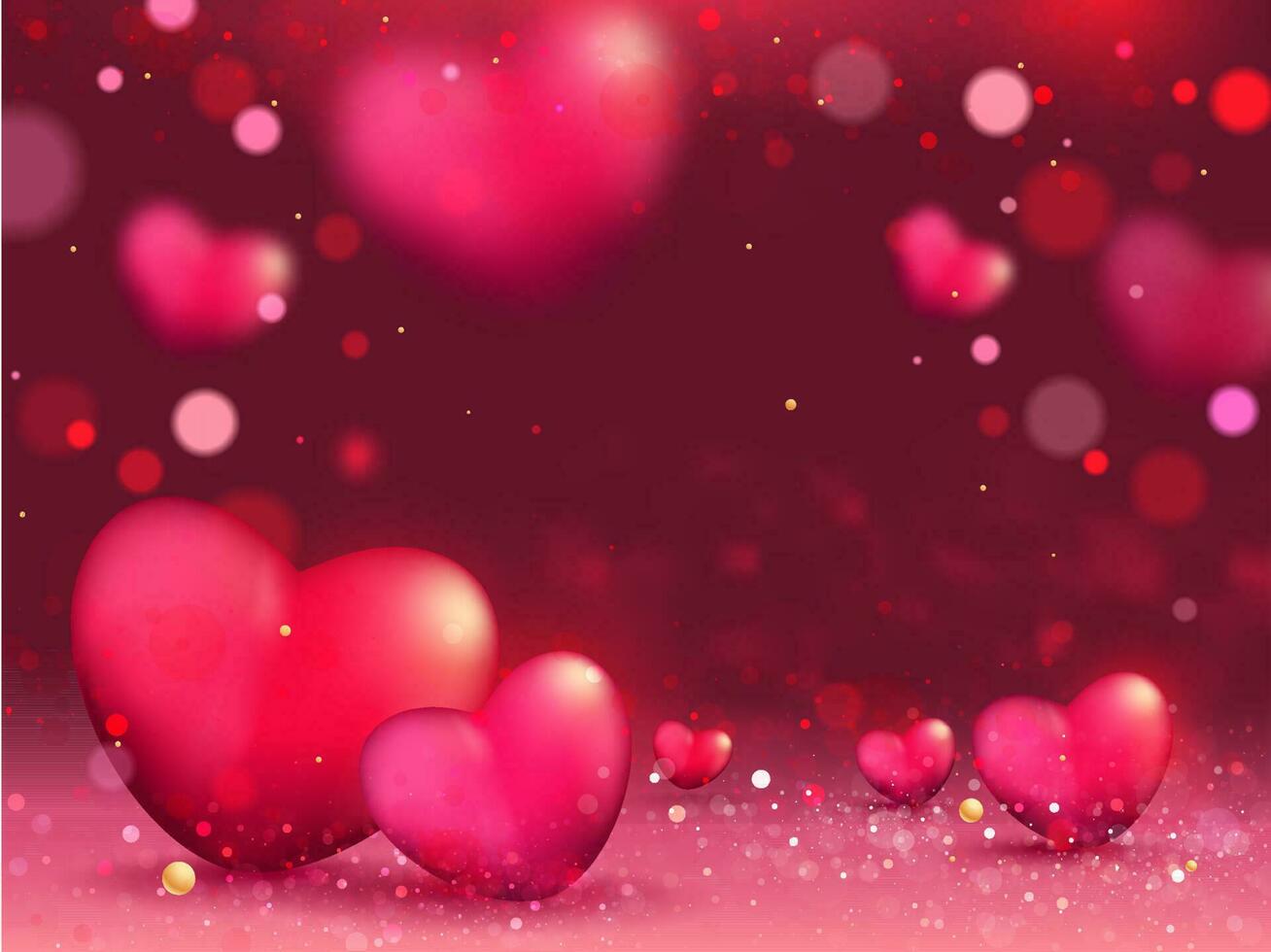 Pink and Red Realistic Hearts Decorated on Burgundy Bokeh Background. vector