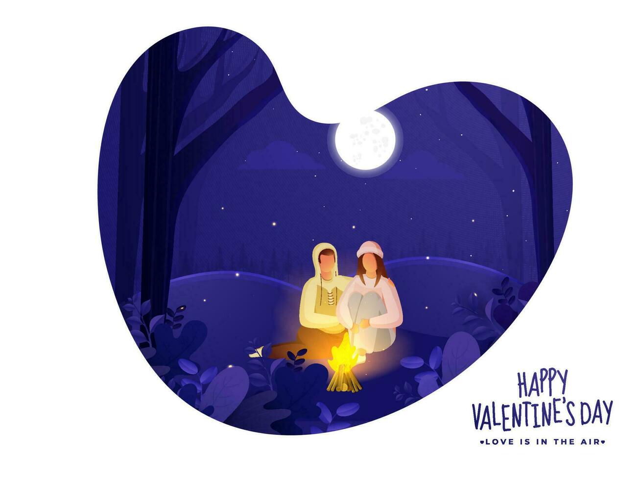 Young Loving Couple Sitting in Front of Bonfire on Paper Cut Heart Shaped Nature Night Scene Background for Happy Valentine's Day Celebration. vector