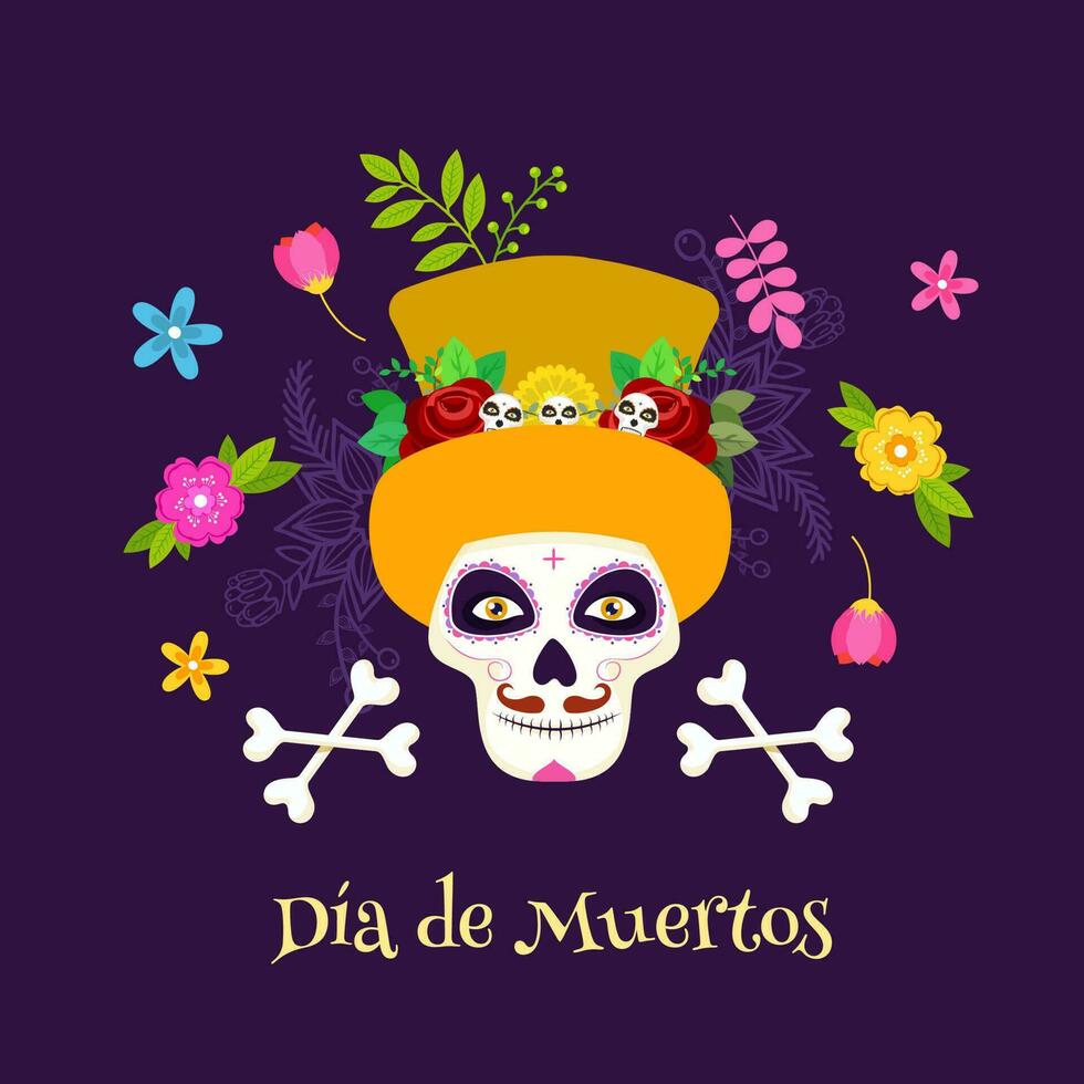 Dia De Muertos celebration poster design with sugar skull or calaveras, crossbones and flowers decorated on purple background. vector