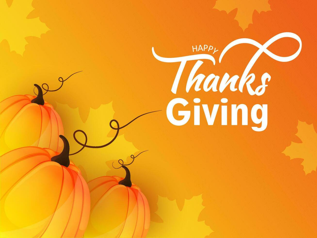 Happy Thanksgiving card or poster design with pumpkins on orange maple leaves background. vector