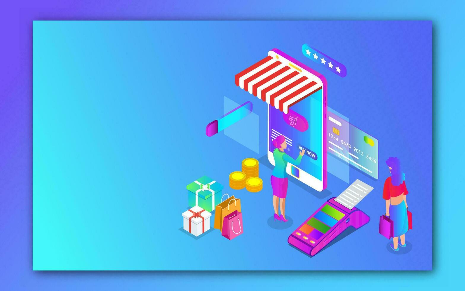 Isometric illustration of women online shopping from smartphone with POS machine, coin stack and gift boxes on blue background. vector