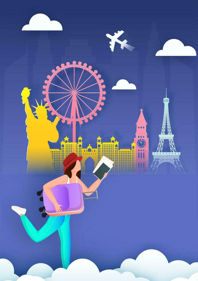 Advertising template or flyer design with paper cut style foreign country famous monument and illustration of tourist character for Traveling or vacation concept. vector