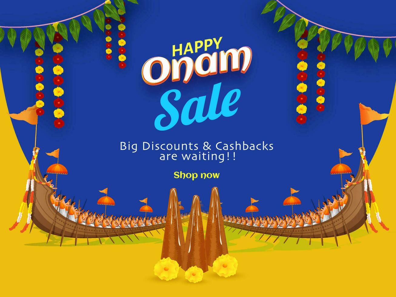 Sale poster or banner design with Big discount and cash back and illustration of Thrikkakara Appan Idol for Happy Onam celebration concept. vector