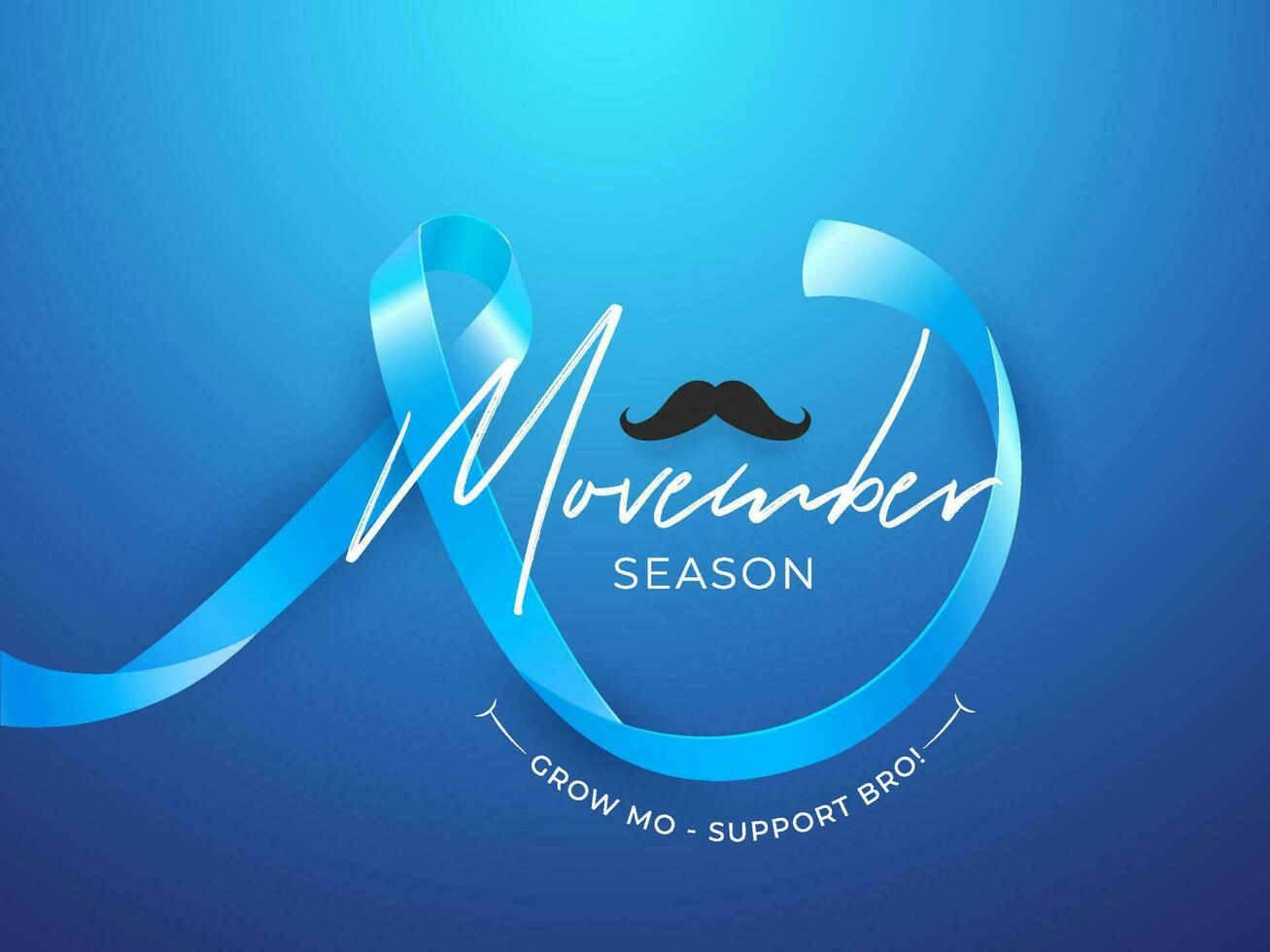 Movember Season banner or poster design with Aids ribbon and mustache on blue background for Men's health concept. vector