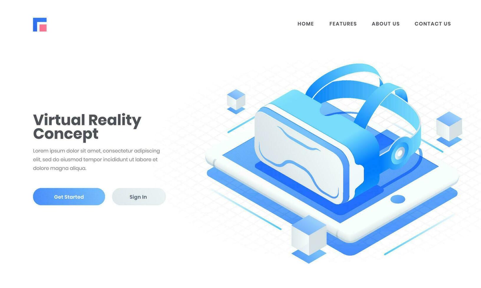 Advertising website poster or landing page design with 3d VR glasses on tablet screen for Virtual reality concept. vector