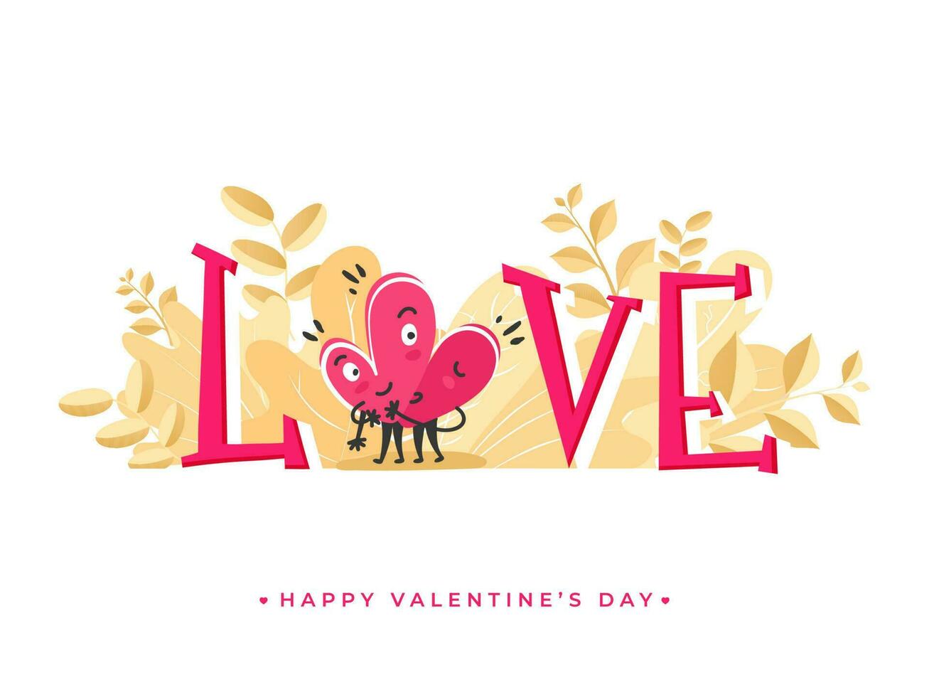 Pink Love Text with Cartoon Hearts Couple Hugging on Leaves White Background for Happy Valentine's Day. vector