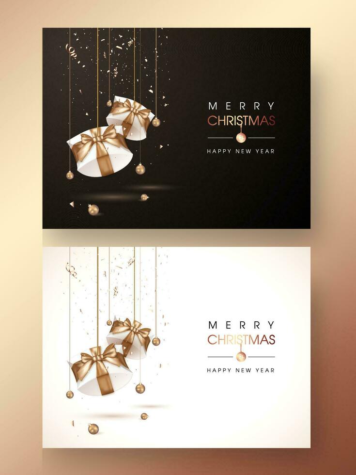 Merry Christmas and Happy New Year message card design decorated with baubles and gift boxes in two color option. vector