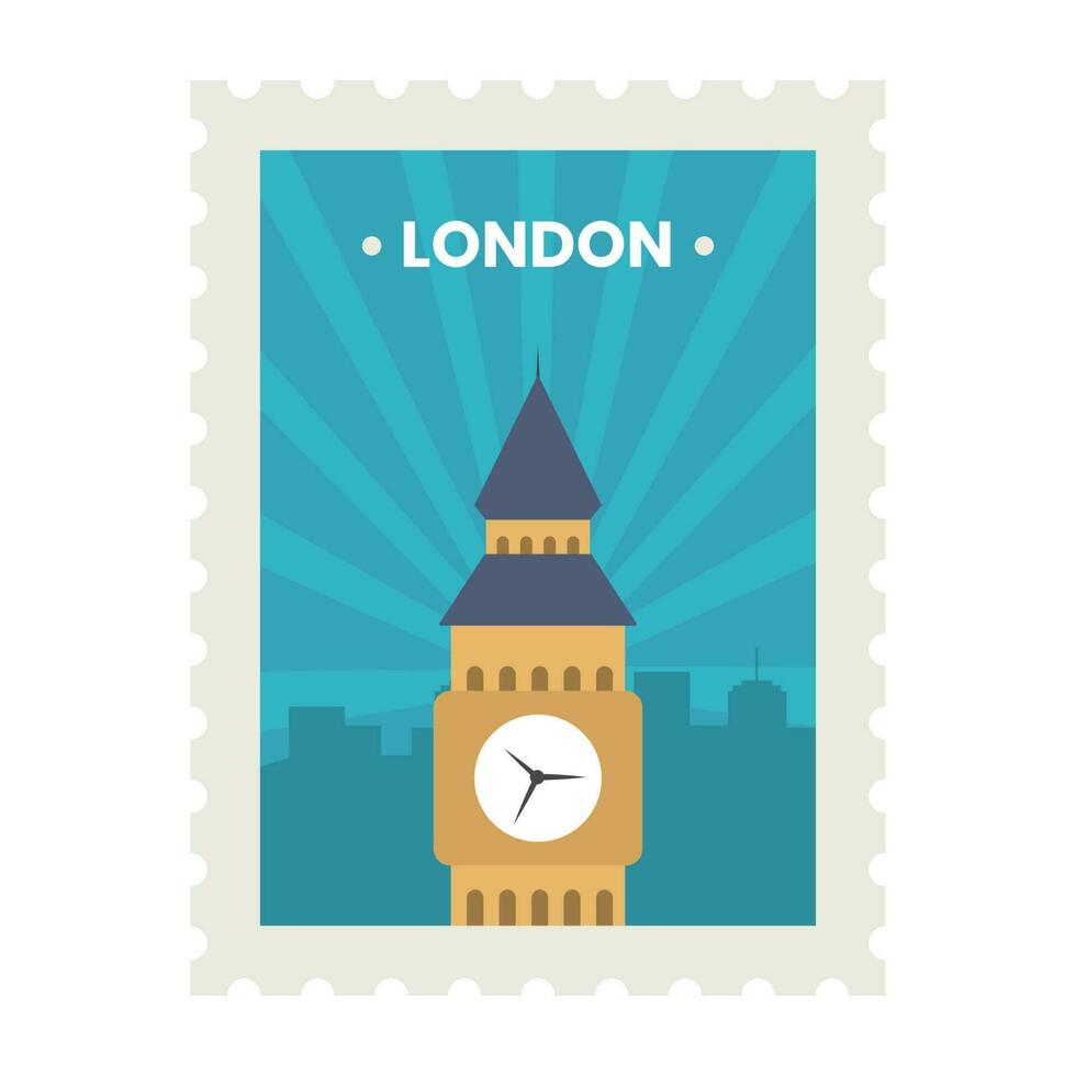 Flat Big Ben Against Blue Rays With Cityscape Building Background For London Ticket Or Stamp Design. vector