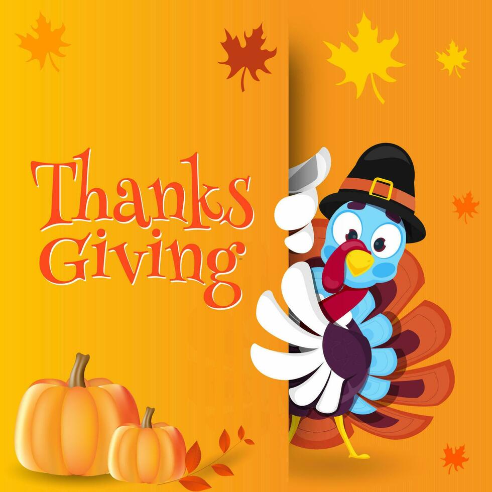 Thanksgiving celebration greeting card design with turkey bird wearing pilgrim hat and pumpkins on orange background. vector