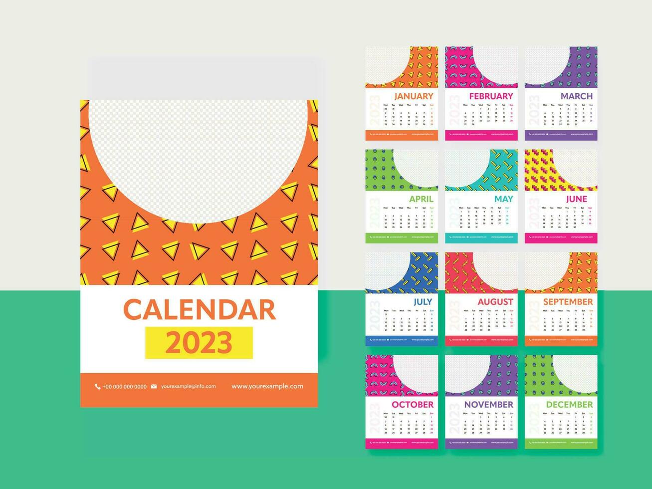 12 Month, 2023 Colorful Yearly Wall Calendar Template With Geometric Pattern And Space For Text Or Image. vector