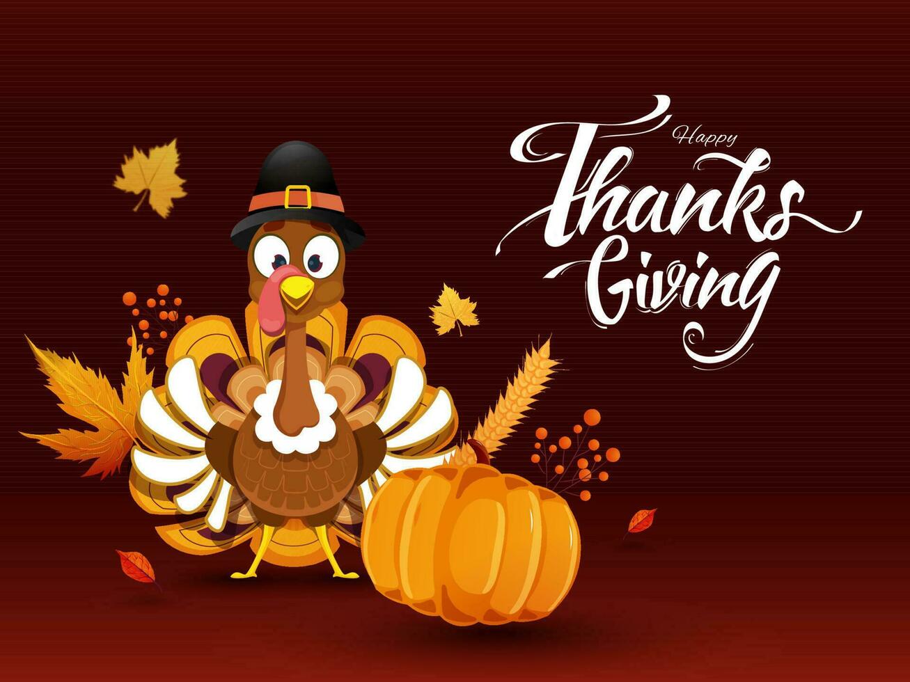 Happy Thanksgiving celebration greeting card design with illustration of turkey wearing pilgrim hat and pumpkin on brown background. vector