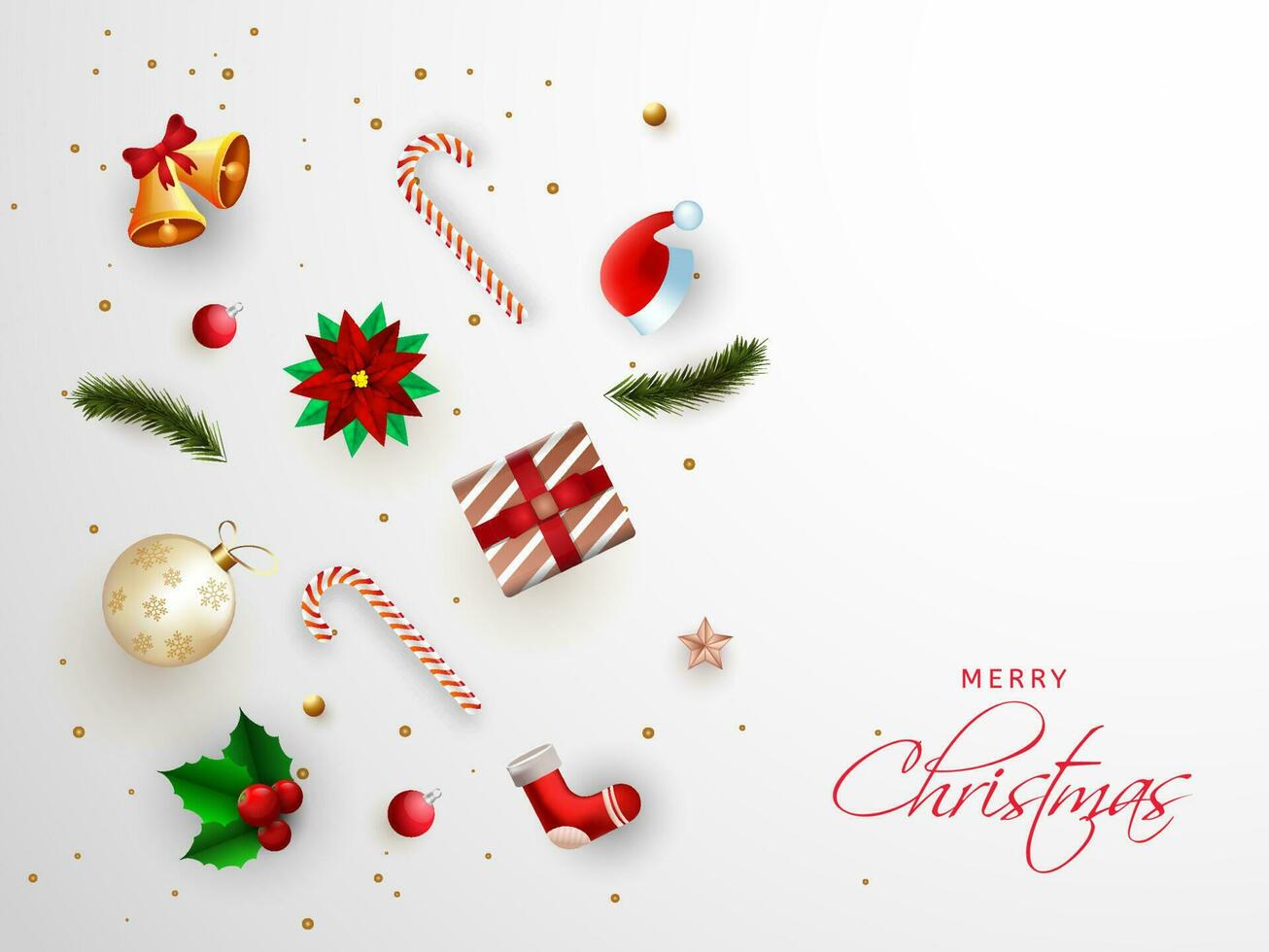 Merry Christmas greeting card design with festival elements such as jingle bell, bauble, holly berry, santa hat and gift box decorated on white background. vector