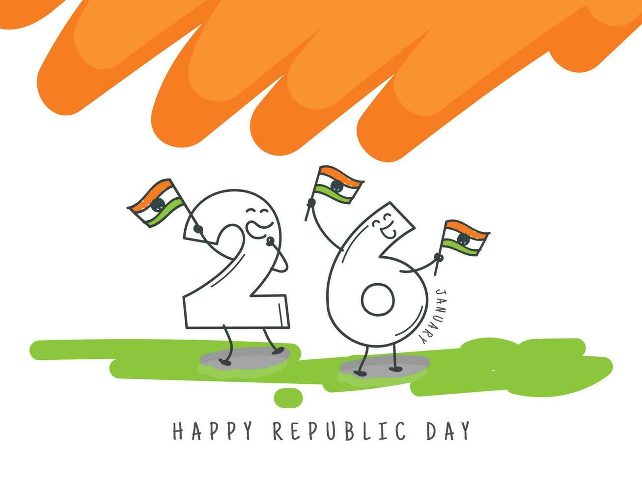 Funny cartoon number 26 holding Indian flag with saffron and green color splash on white background for Happy Republic Day poster design. vector