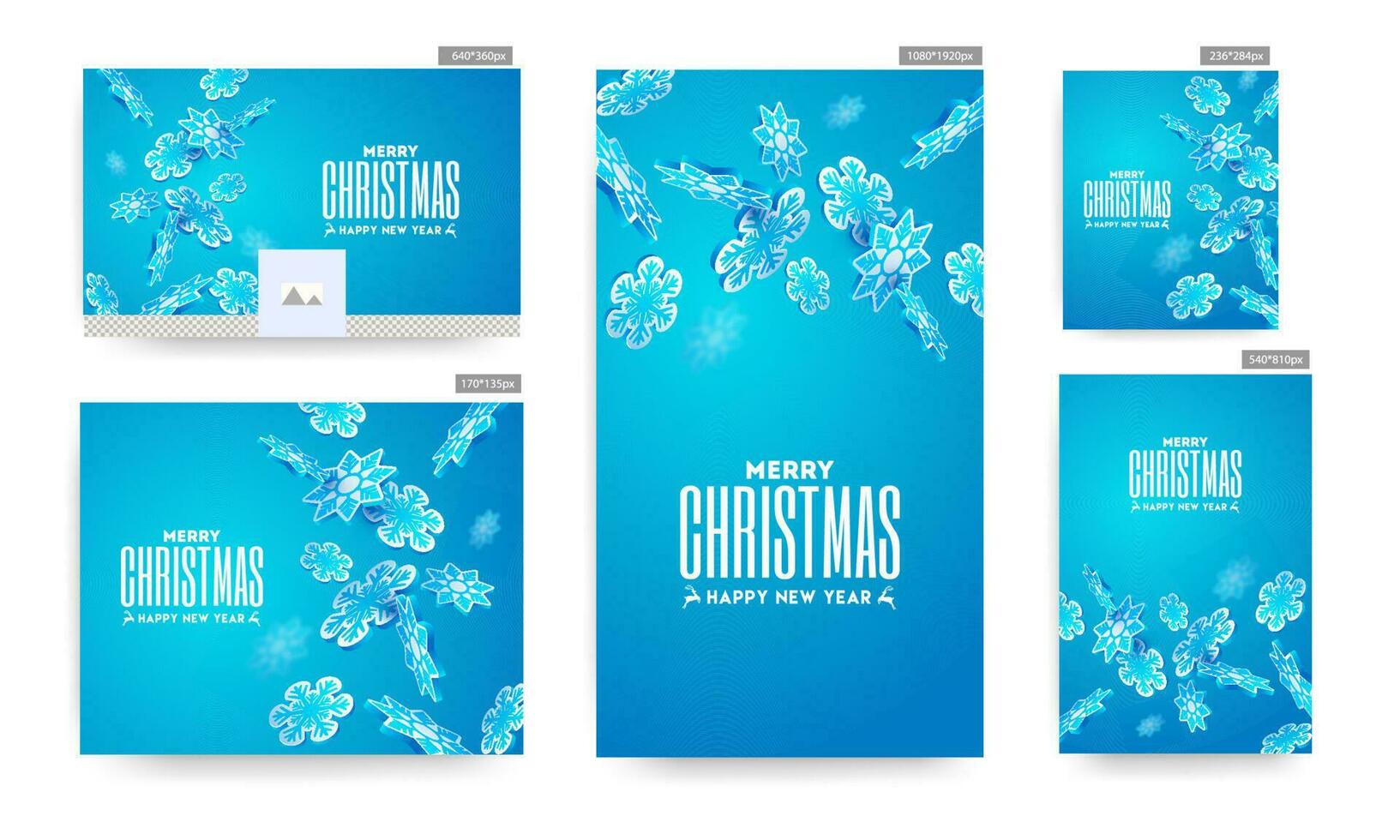 alegre Navidad y contento nuevo año póster y modelo conjunto con 3d papel copos de nieve decorado en azul antecedentes. vector