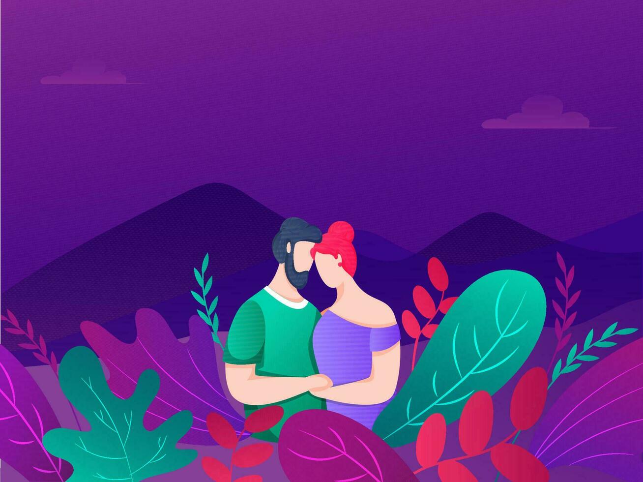 Faceless Young Couple on Colorful Nature Landscape Background. vector