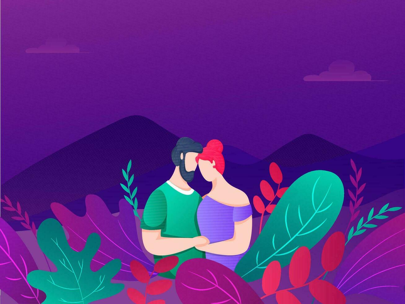 sin rostro joven Pareja en vistoso naturaleza paisaje antecedentes. vector