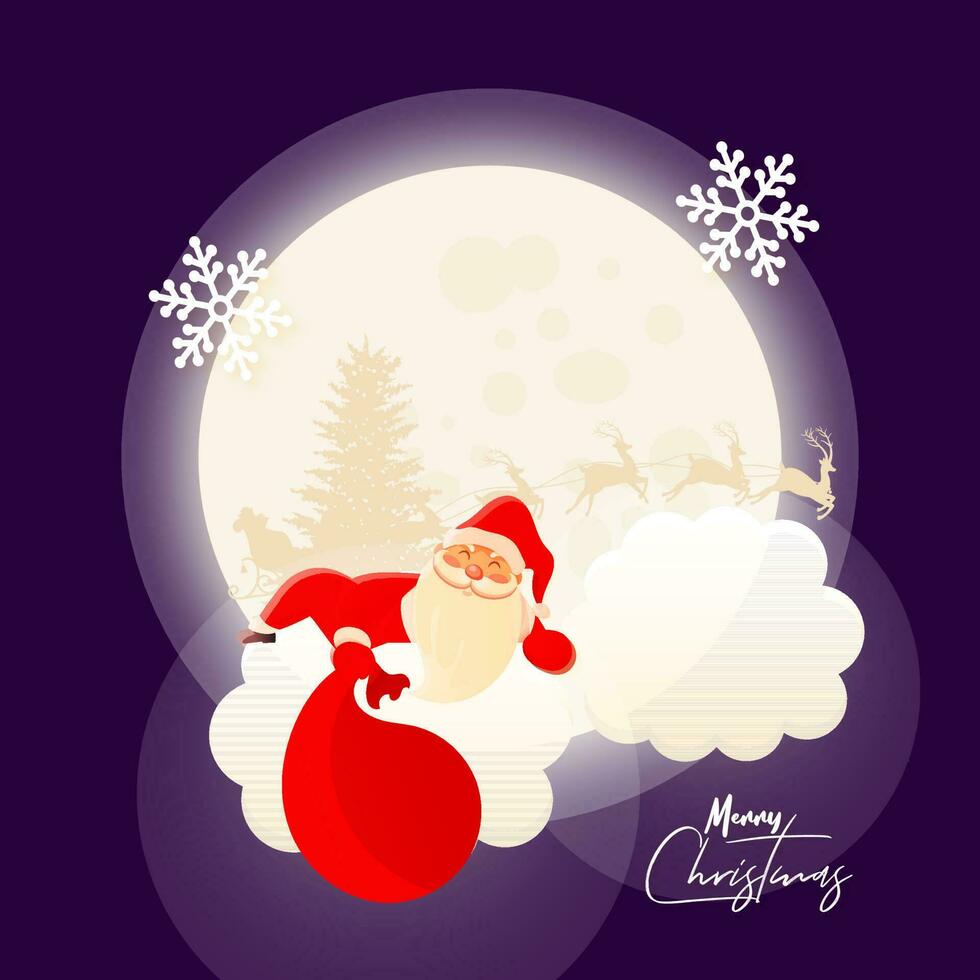 Merry Christmas celebration greeting card design with illustration of santa claus holding a bag on full moonlight purple background vector