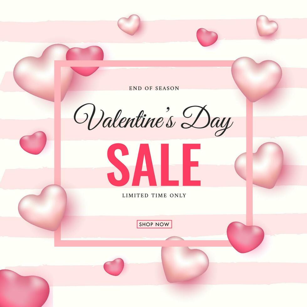 Valentine's Day Sale Poster Design Decorated with Glossy Pink Hearts on Strip Background for Advertising Concept. vector