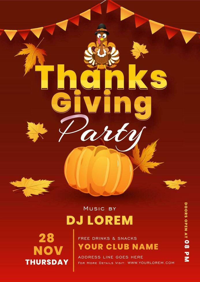 Red template or flyer design with illustration of turkey bird, pumpkin and event details for Thanksgiving Party. vector