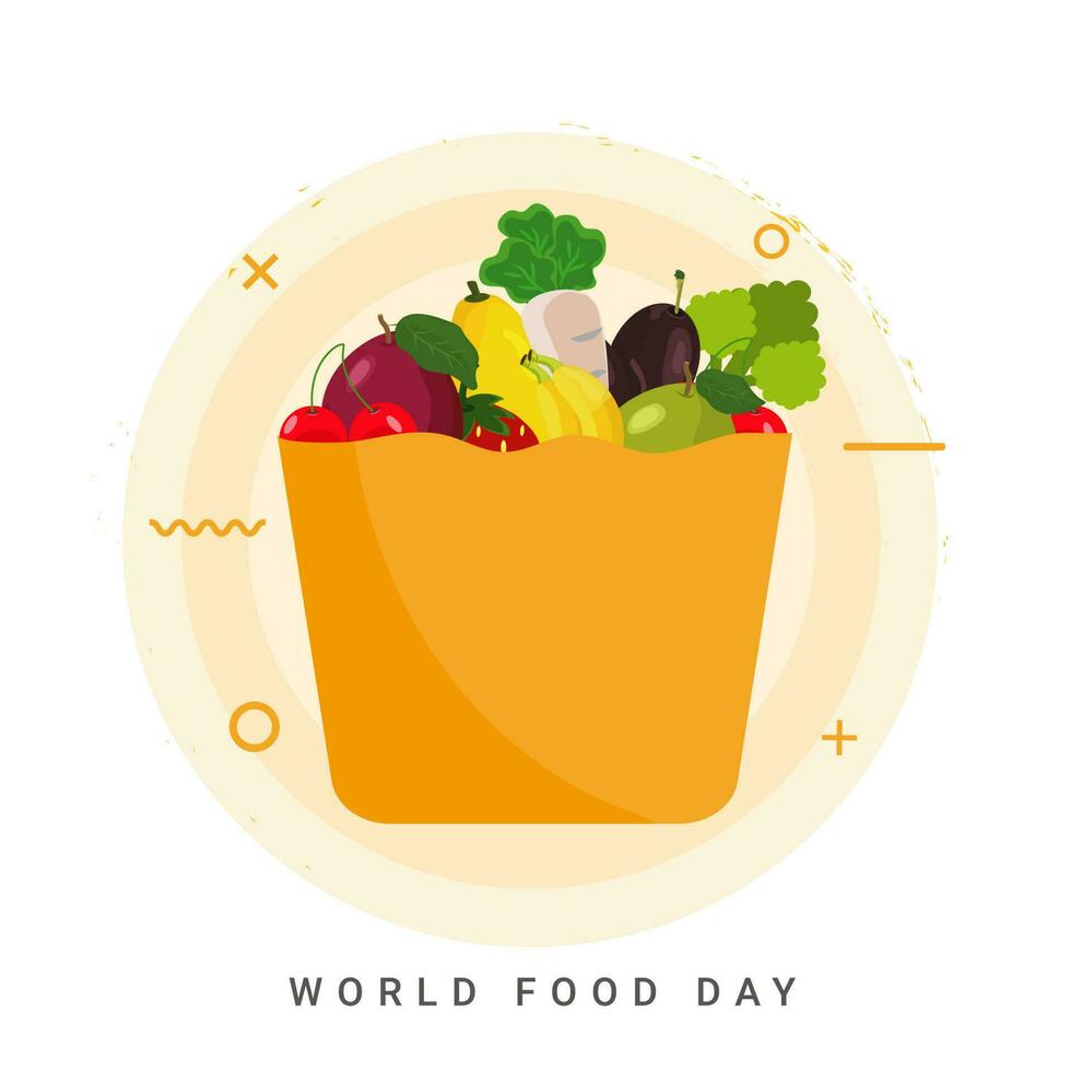 llevar bolso lleno de frutas y vegetales en resumen antecedentes para mundo comida día concepto establecido póster o modelo diseño. vector